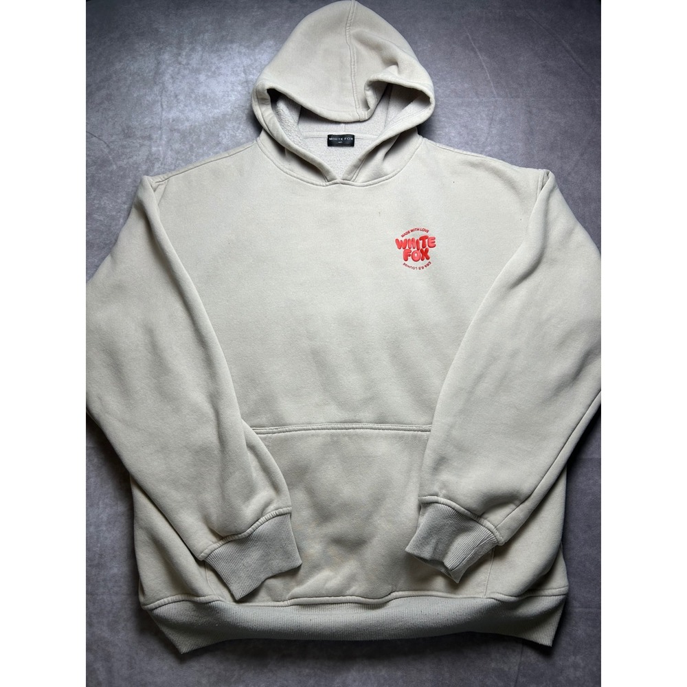 White Fox Hoodie Women M/L Beige Era 8.5 Lounge Puff Print Oversized Streetwear